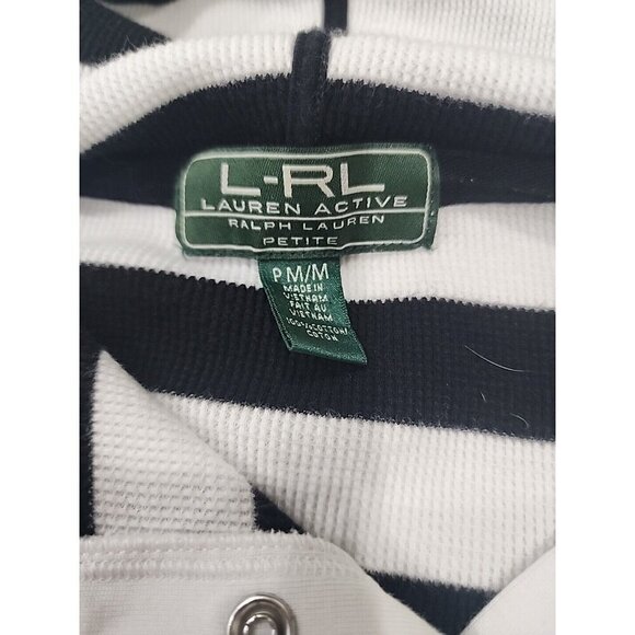 Lauren Ralph Lauren Cotton Hoodie White Black Striped Snaps Pullover Women's PM - Picture 8 of 8